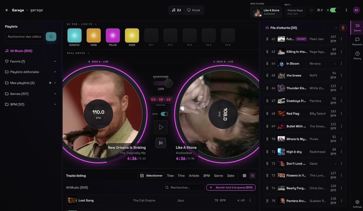 Deckster desktop interface - queue and playback controls