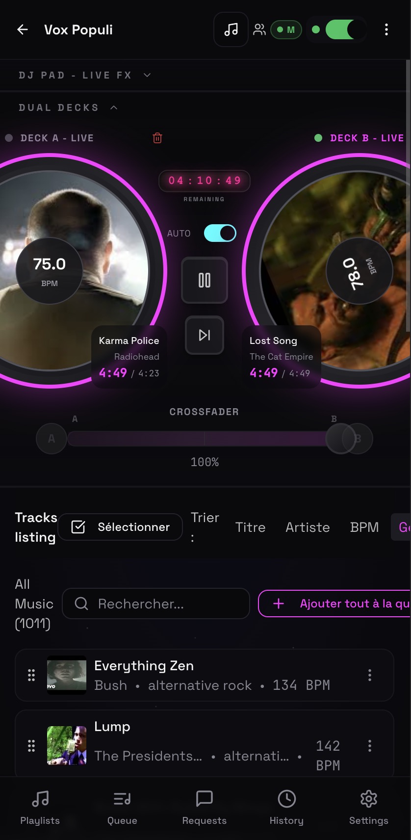 Deckster mobile interface - browse and search songs