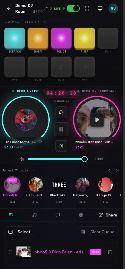 Deckster mobile interface - now playing controls